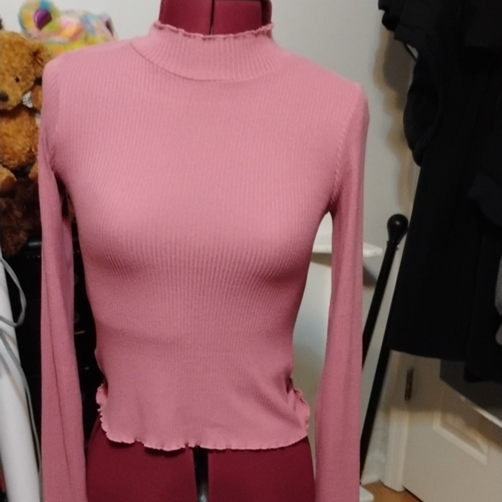 American Eagle Outfitters Pink Ribbed Long Sleeve Turtleneck Top